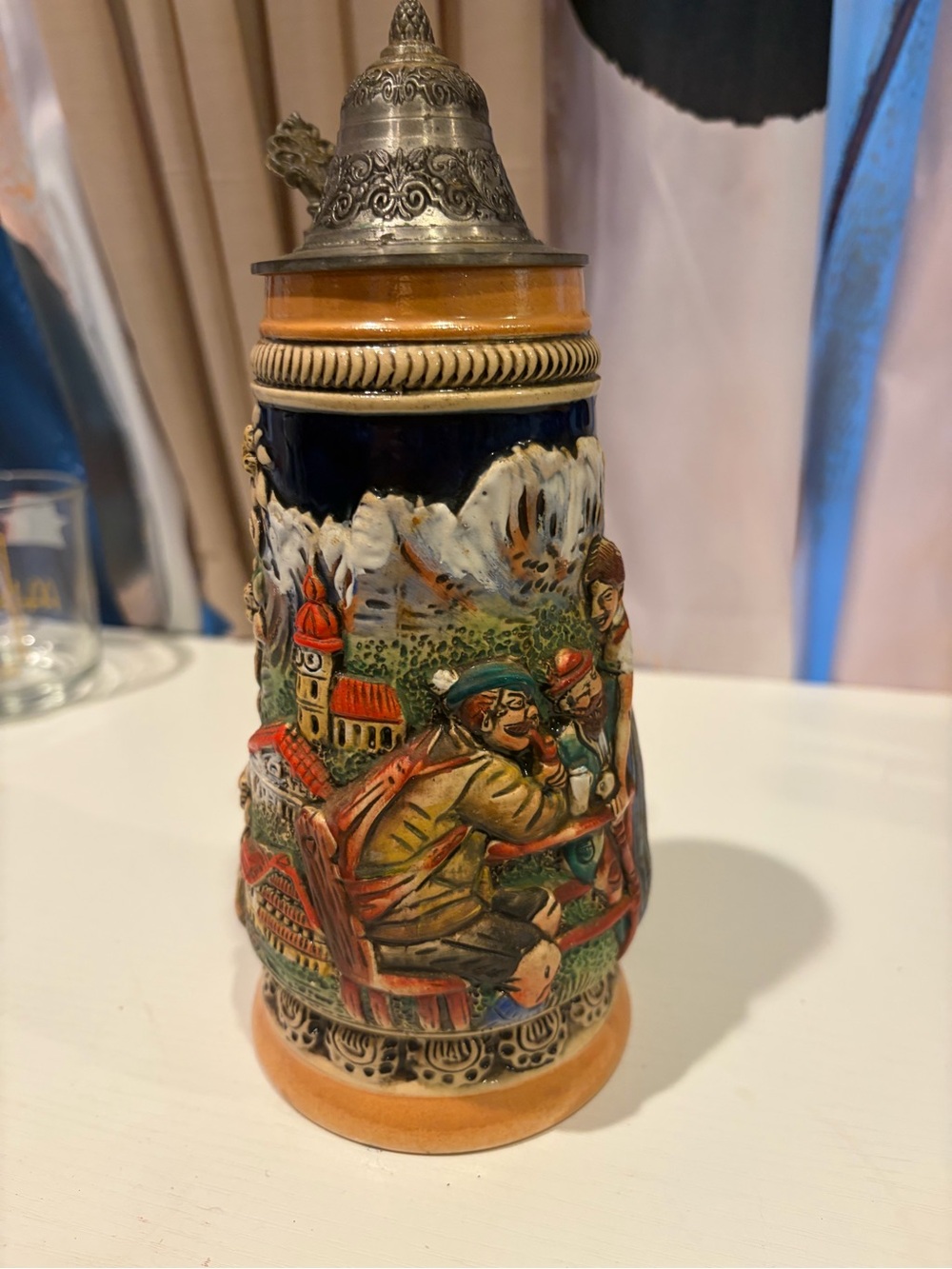 Hand-Painted Ceramic Beer Stein in Blue, Tan and Multicolor